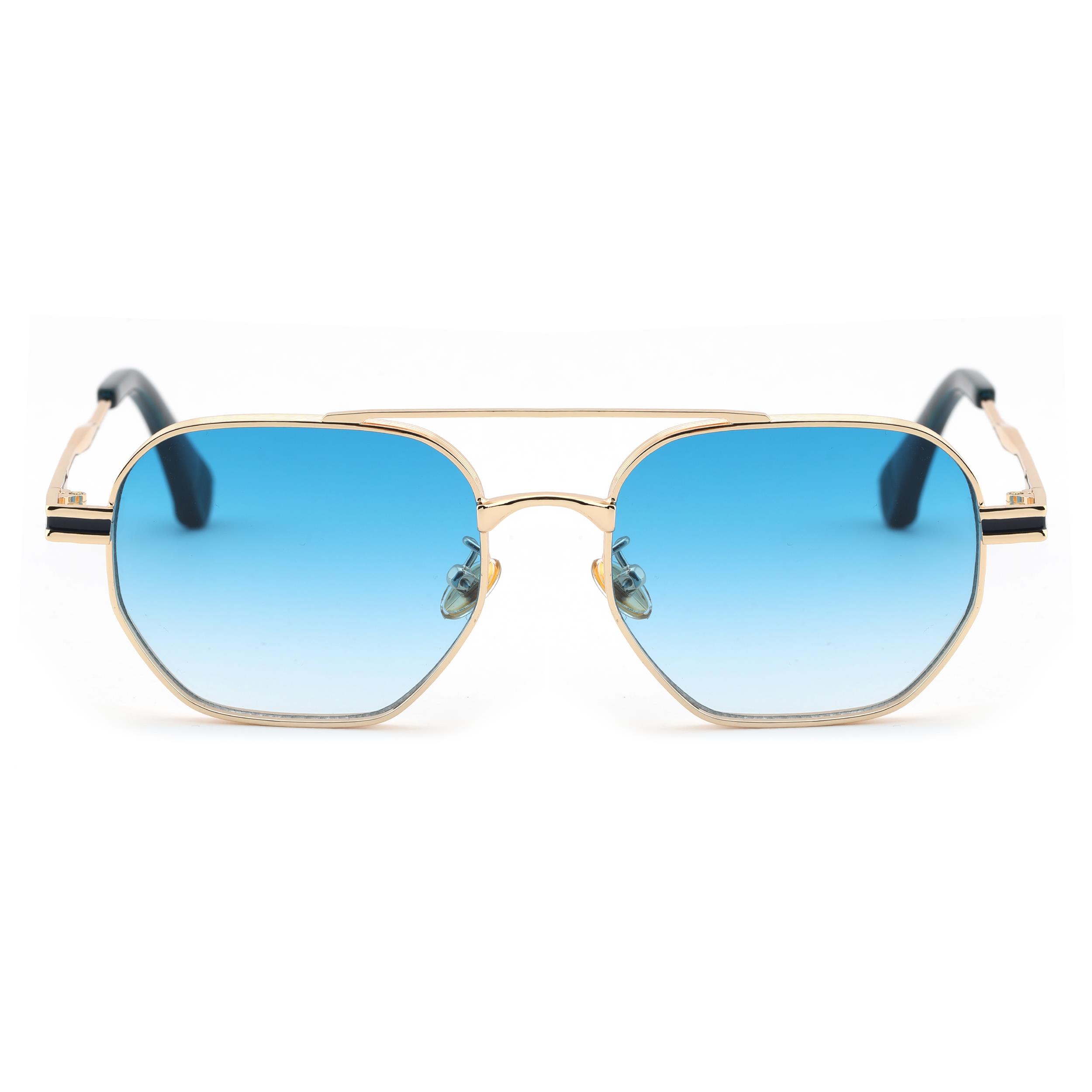 Geometrik Tasarım Metal Altın Çerçeve Mavi Cam Unisex Gunes Gozlugu
