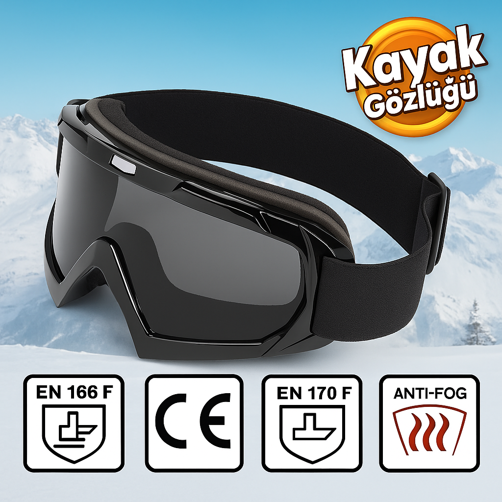 Kayak Gözlüğü Antifog Ventilli Uv Korumalı Güneş Kar Gözlük Siyah-Siyah Snowboard Glasses Sporu