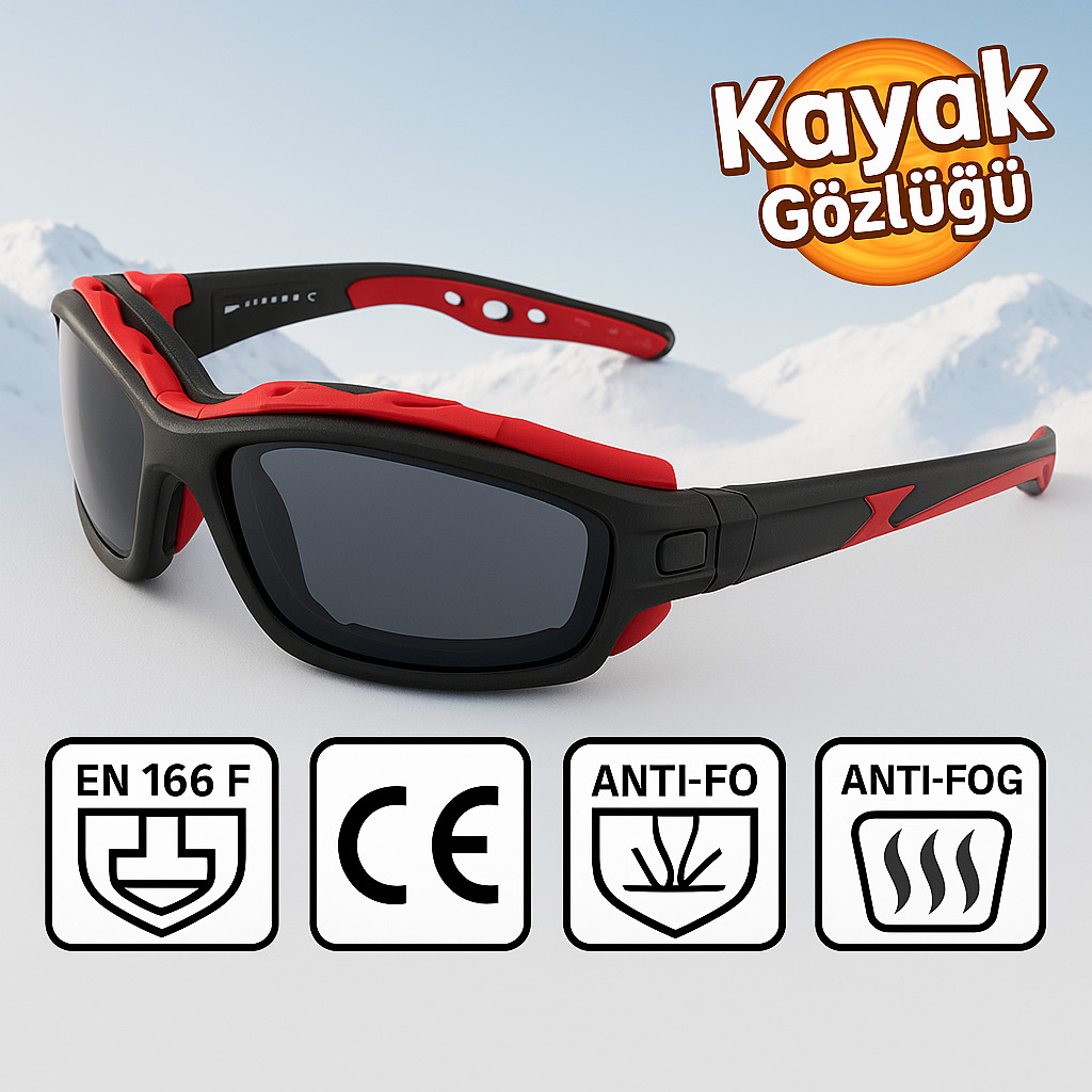 Kayak Gözlüğü Antifog Ventilli Uv Korumalı Güneş Kar Gözlük Kırmızı Siyah Snowboard Sporu