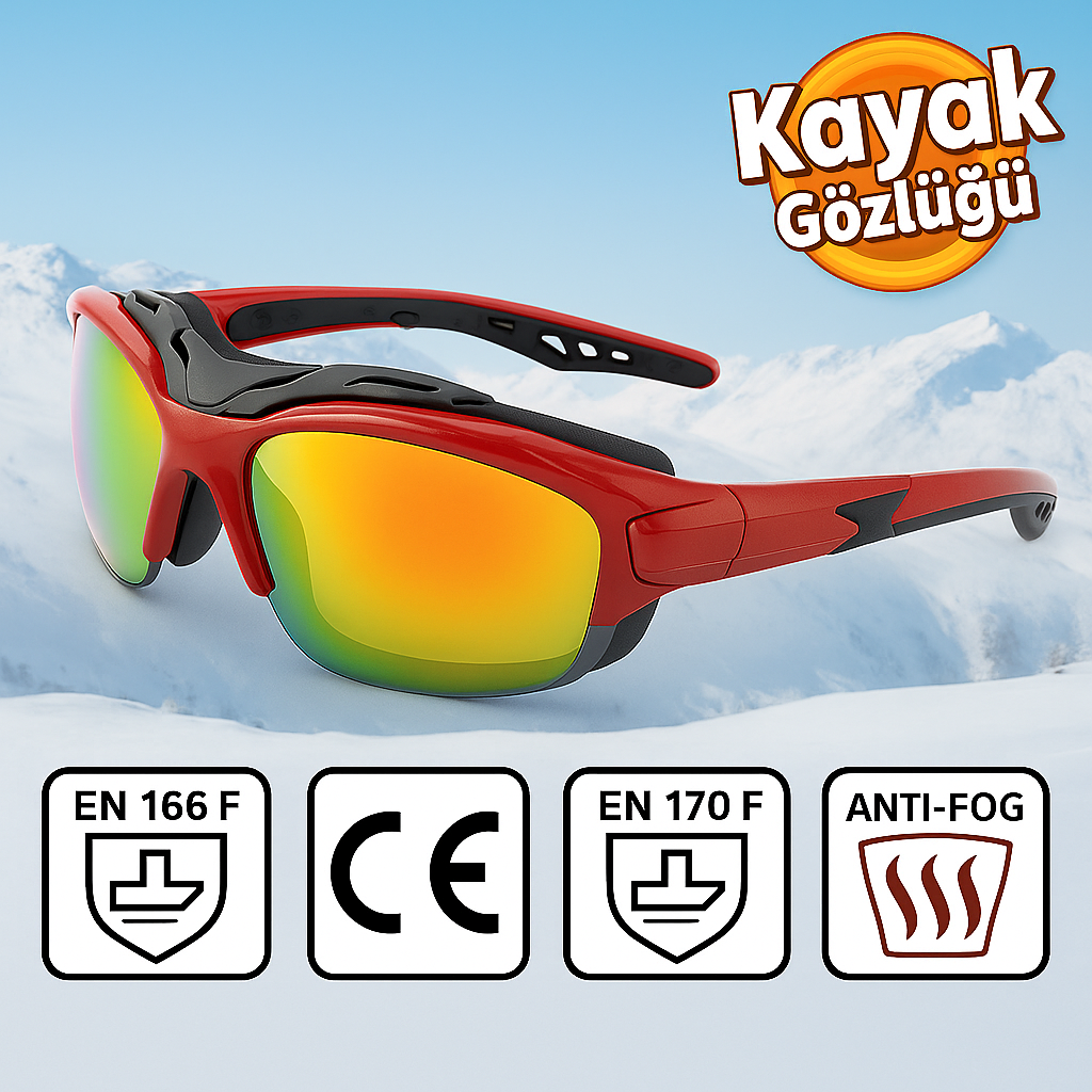 Kayak Gözlüğü Antifog Ventilli Uv Korumalı Güneş Kar Gözlük Kırmızı Turuncu Aynalı Snowboard Sporu