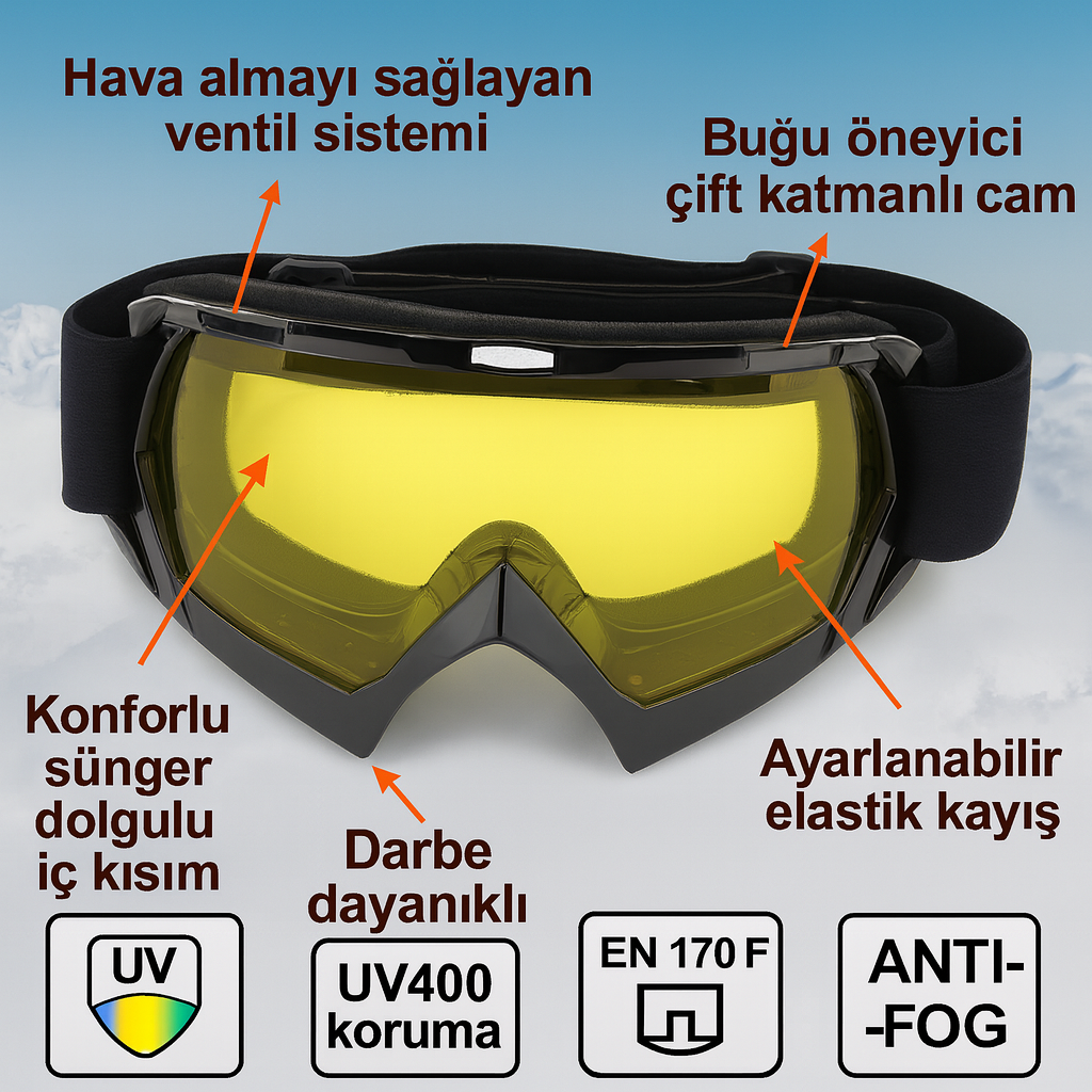 Kayak Gözlüğü Antifog Ventilli Uv Korumalı Güneş Kar Gözlük SarıCam Snowboard Glasses Sporu