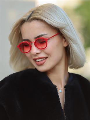 Kare Tasarım Kırmızı Çerçeve Kırmızı Cam Kadın Güneş Gözlüğü