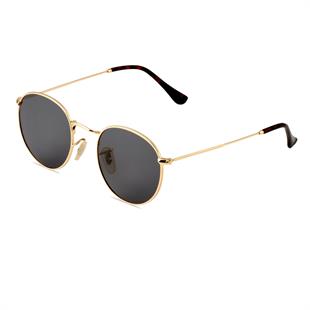 Round Oval Gold Çerçeve Leopar Detaylı Siyah Polarize Cam Unisex Güneş Gözlüğü