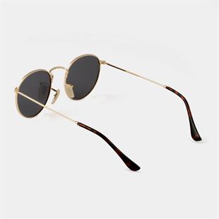 Round Oval Gold Çerçeve Leopar Detaylı Siyah Polarize Cam Unisex Güneş Gözlüğü