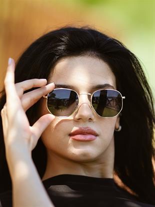 Beşgen Gold Çerçeve Siyah Polarize Cam Unisex Güneş Gözlüğü