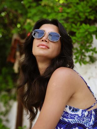 Beşgen Gümüş Çerçeve Siyah Polarize Cam Unisex Güneş Gözlüğü