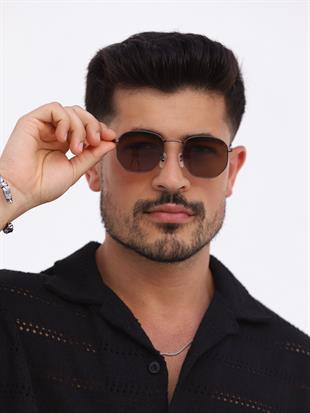 Beşgen Kahverengi Çerçeve Kahverengi Polarize Cam Unisex Güneş Gözlüğü