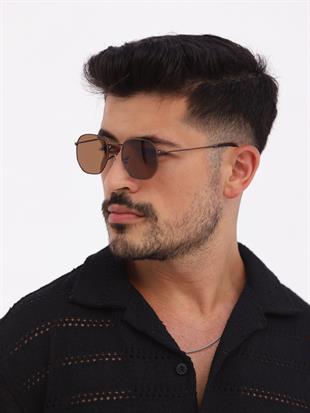 Beşgen Kahverengi Çerçeve Kahverengi Polarize Cam Unisex Güneş Gözlüğü