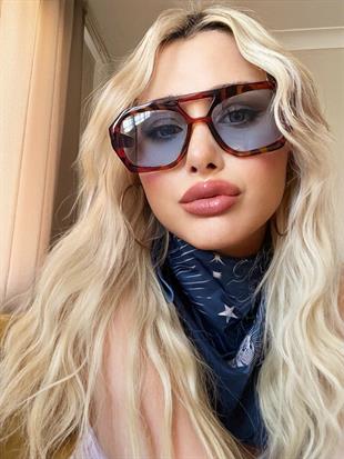 Dikdörtgen Tasarım Leopar Çerçeve Mavi Cam Kadın Güneş Gözlüğü Vehla