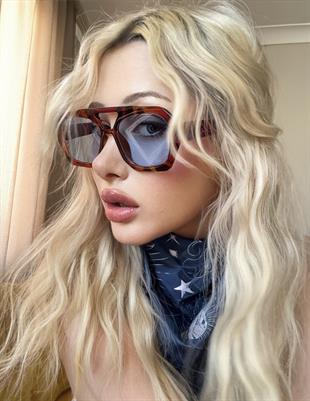 Dikdörtgen Tasarım Leopar Çerçeve Mavi Cam Kadın Güneş Gözlüğü Vehla