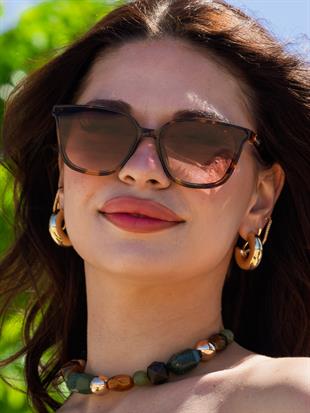 Geometrik Leopar Kemik Çerçeve Siyah Cam Kadın Güneş Gözlüğü LLT01