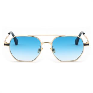 Geometrik Tasarım Metal Altın Çerçeve Mavi Cam Unisex Gunes Gozlugu
