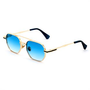 Geometrik Tasarım Metal Altın Çerçeve Mavi Cam Unisex Gunes Gozlugu