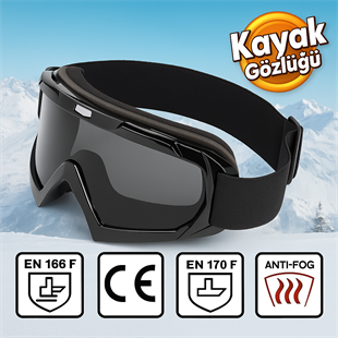 Kayak Gözlüğü Antifog Ventilli Uv Korumalı Güneş Kar Gözlük Siyah-Siyah Snowboard Glasses Sporu
