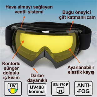 Kayak Gözlüğü Antifog Ventilli Uv Korumalı Güneş Kar Gözlük SarıCam Snowboard Glasses Sporu