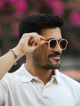 Köşegen Tasarım Krem Çerçeve Kahverengi Cam Kadın Güneş Gözlüğü