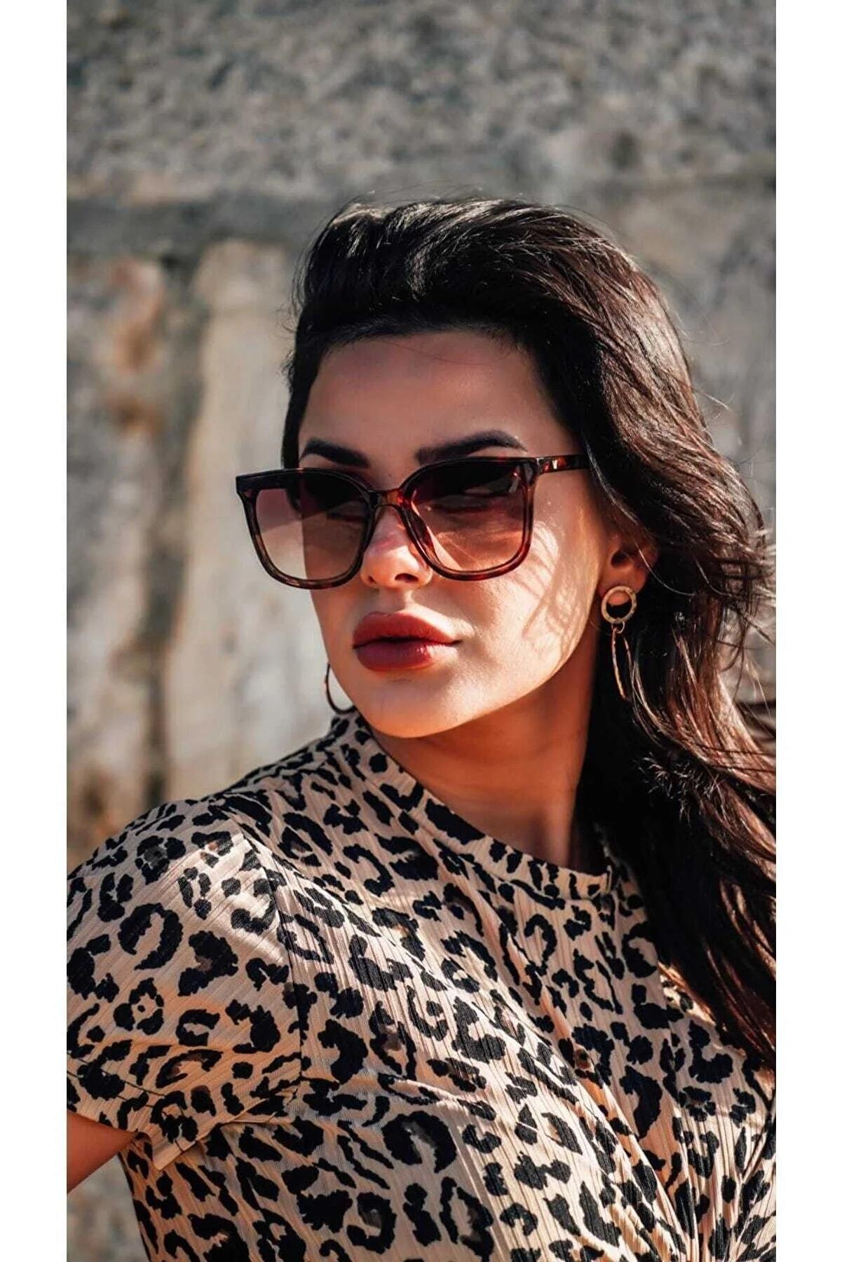 Geometrik Tasarım Leopar Çerçeve Kahverengi Cam Kadın Güneş Gözlüğü 