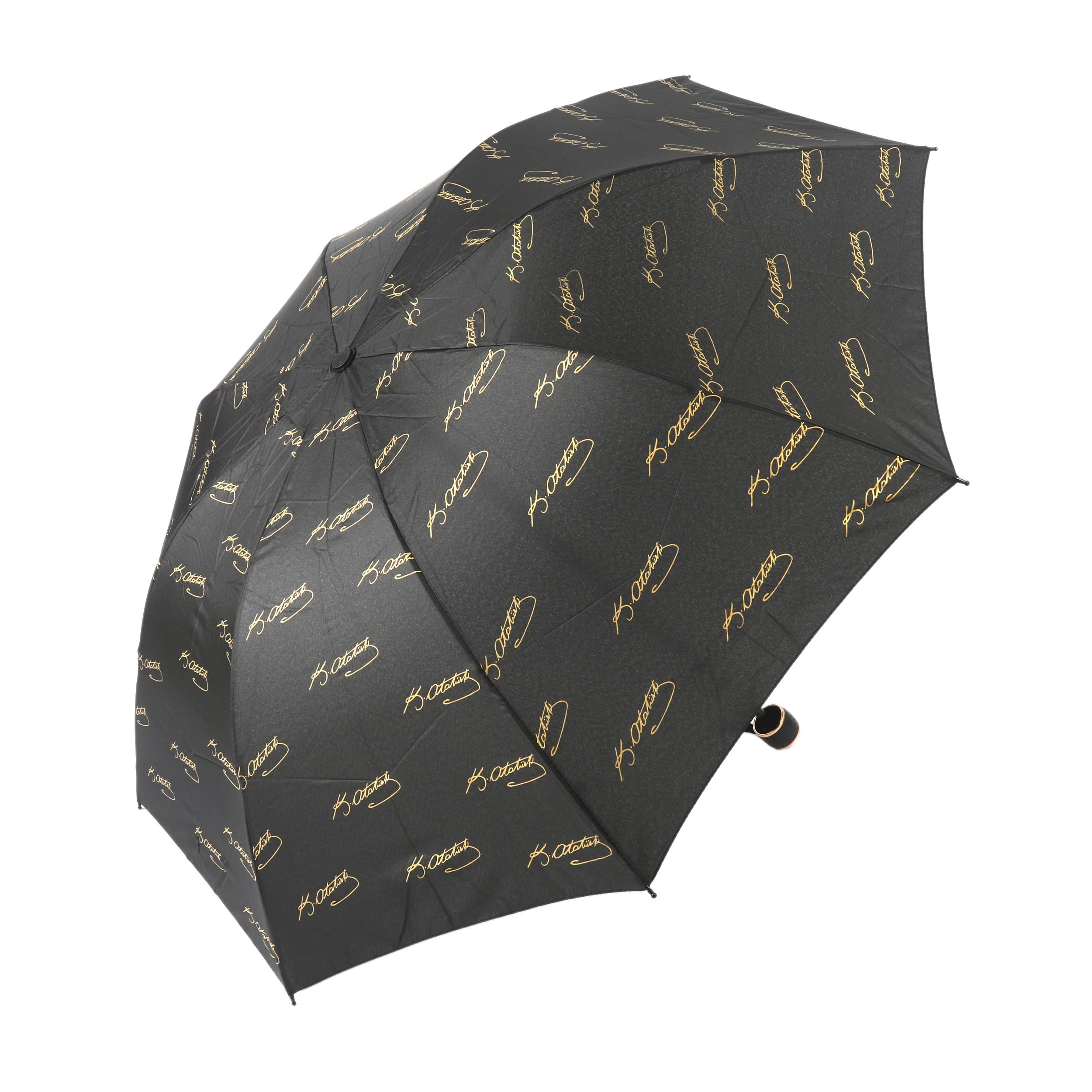 K.Atatürk Desenli Siyah Yarı Otomatik Açılır Yarasa Şemsiye 8 TELLİ