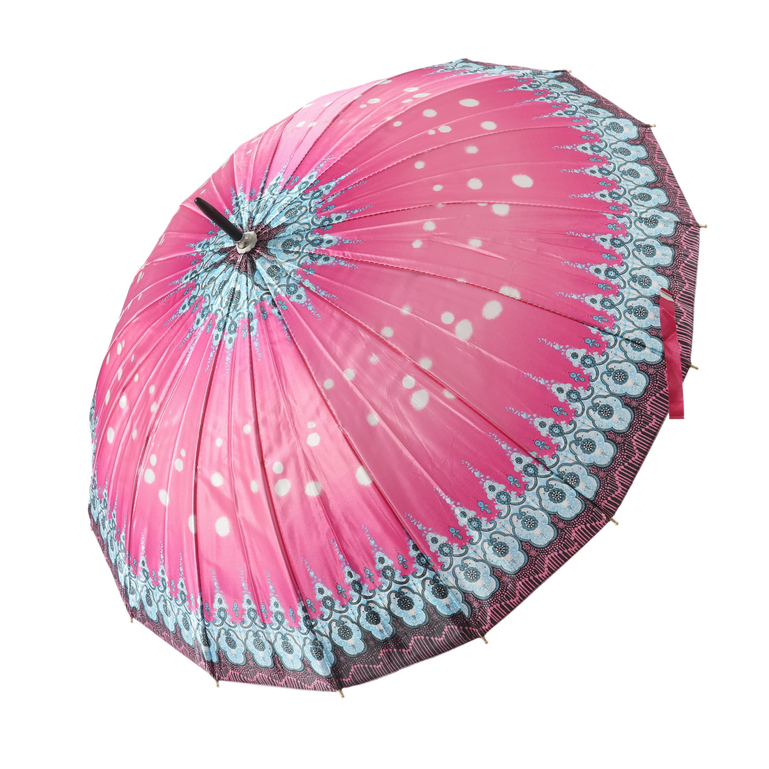 Rüzgara Dayanıklı Klasik Tasarım Pembe Çiçek Desenli Bastonlu Fiberglass Şemsiye - Şık ve Dayanıklı Model 16 Telli