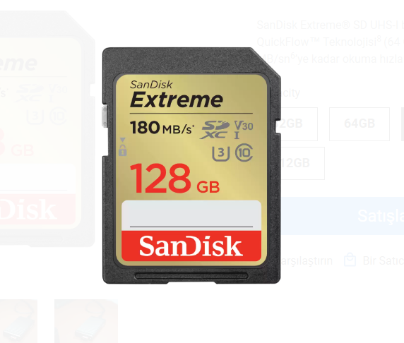 Sandisk Extreme 128 GB SDHC Hafıza Kartı (180MB/S)