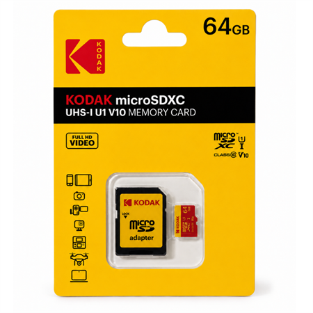 KODAK 64GB UHS-I C10 U1 V10 Micro SD Kart + Adaptör (Kırmızı)