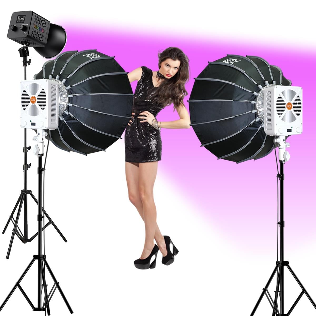 Gdx XL-Kit RGB 3 COB LED Sürekli Video ve Fotoğraf Işık Seti + QPG90 Parabolik Gridli 90cm Softbox