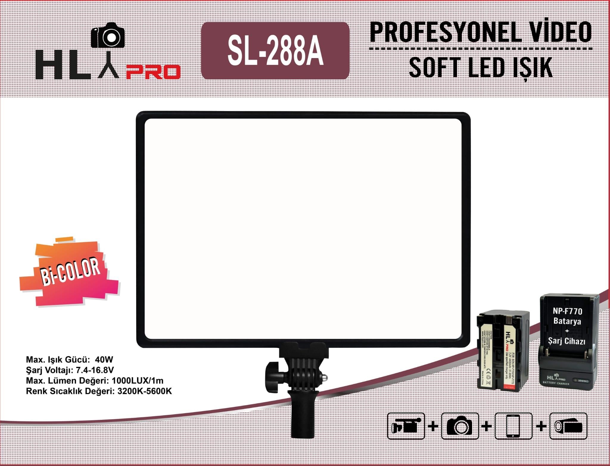 HLYPRO SL-288A Profesyonel Video Soft Led Işık (Batarya + Şarj)