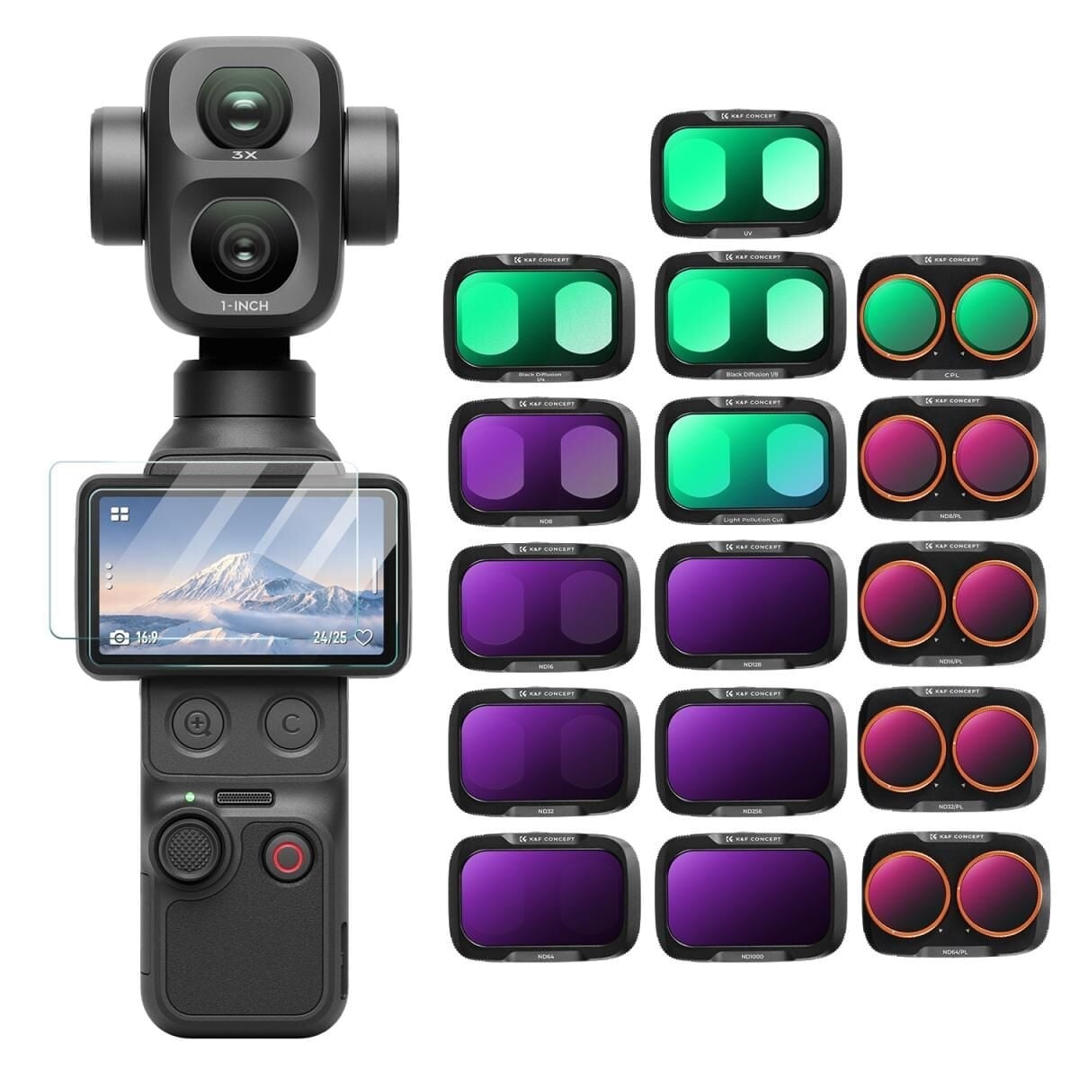 K&F Concept Dji Osmo Pocket 4P İçin 16 Parça Filtre Seti (Black Mist 1/4 + Black Mist 1/8 + UV + Işık Kirliliği Azaltma + CPL + ND32/PL + ND16/PL + ND8/PL + ND64/PL + ND8 + ND16 + ND32 + ND64 + ND128 + ND256 + ND1000)