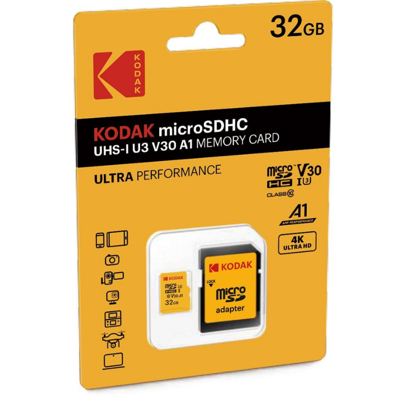 KODAK 32GB UHS-I U3/V30/A1 Micro SD Hafıza Kartı + Adaptör (Sarı)