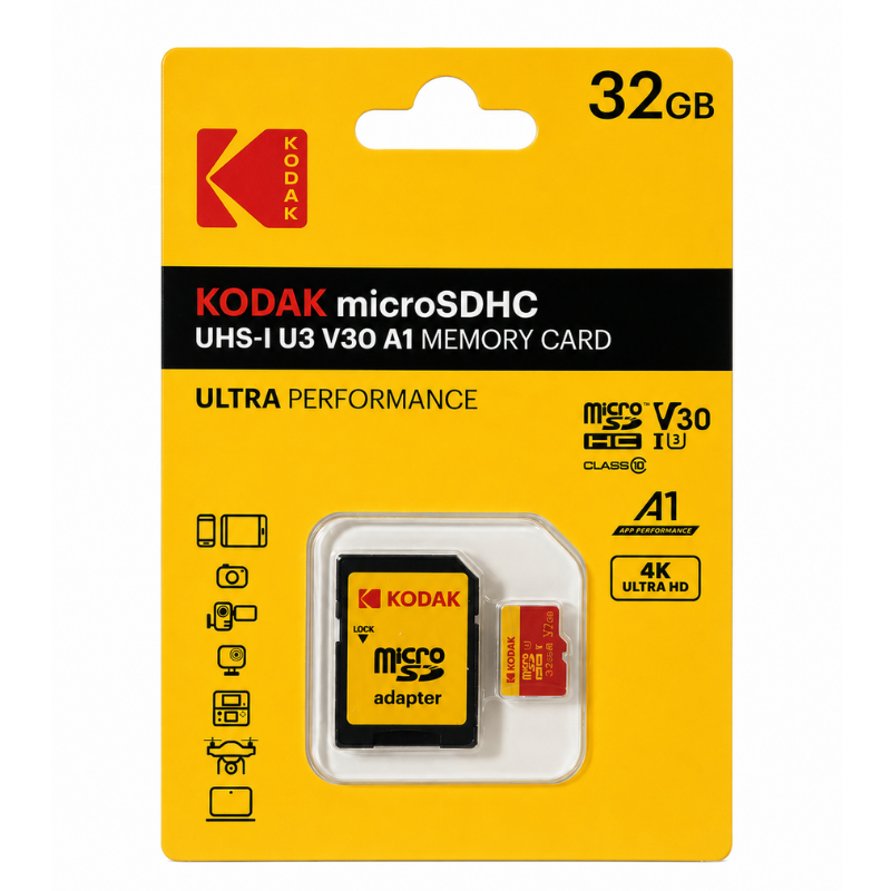 KODAK 32GB UHS-I U3/V30/A1 Micro SD Hafıza Kartı + Adaptör (Kırmızı)