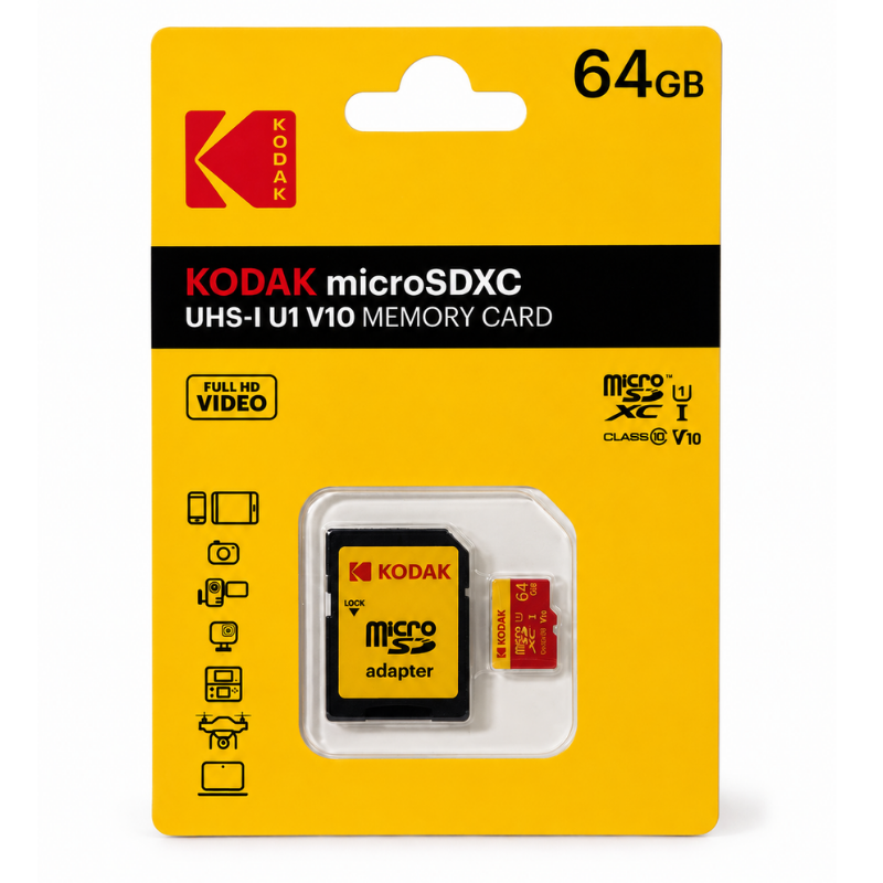 KODAK 64GB UHS-I C10 U1 V10 Micro SD Kart + Adaptör (Kırmızı)