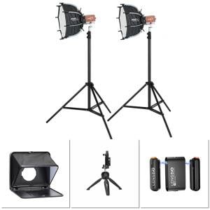 PDX KY-BKO323 İkili Led Işık, Lensgo TC7 Prompter, Lensgo 318C Mini Mikrofon ve Tripod Kit