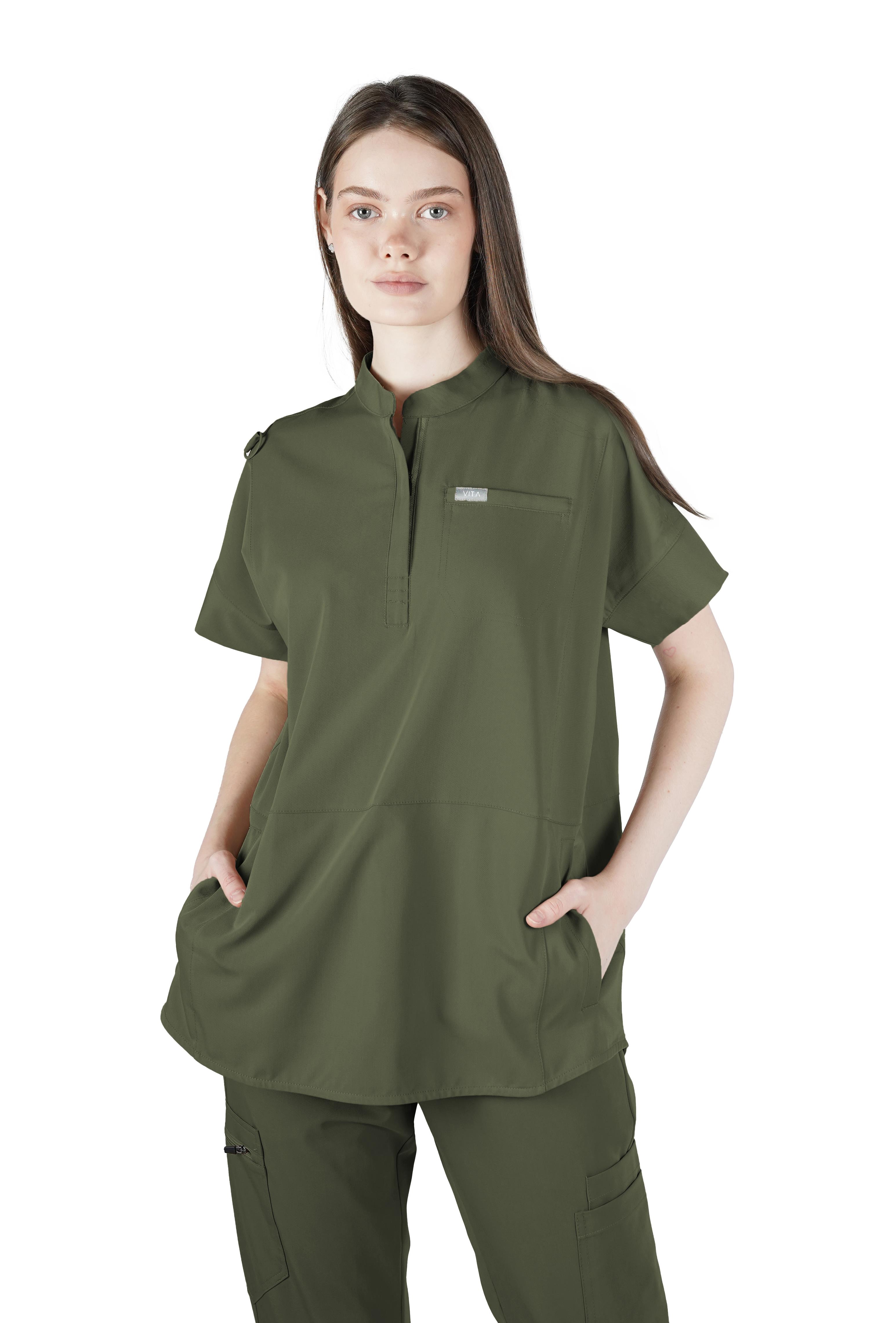 Bella VITA Haki Üst Kadın Scrubs Cerrahi Forma - Medikal Giyim Uniform