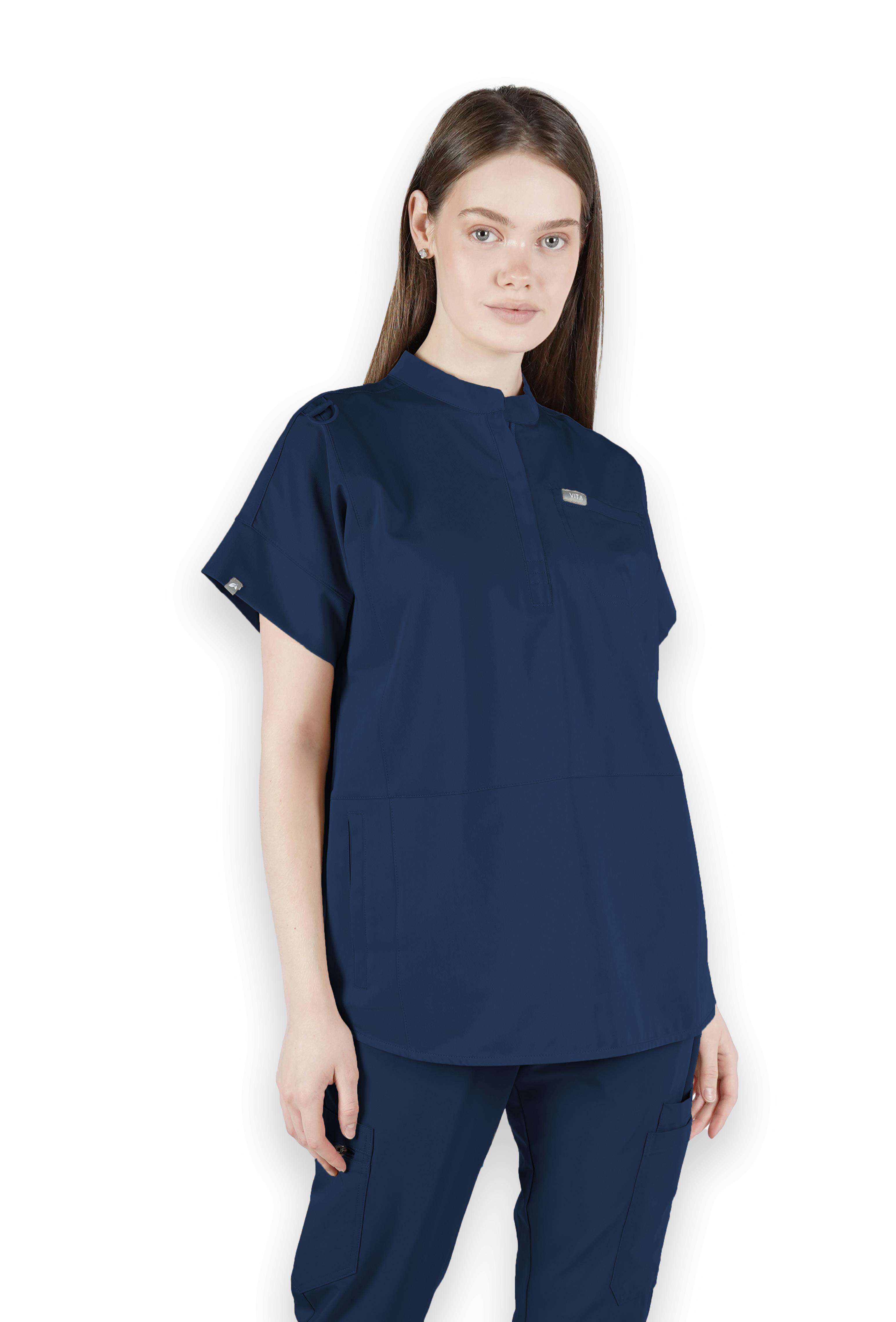 Bella VITA Saks Mavisi Üst Kadın Scrubs Cerrahi Forma - Medikal Giyim Uniform