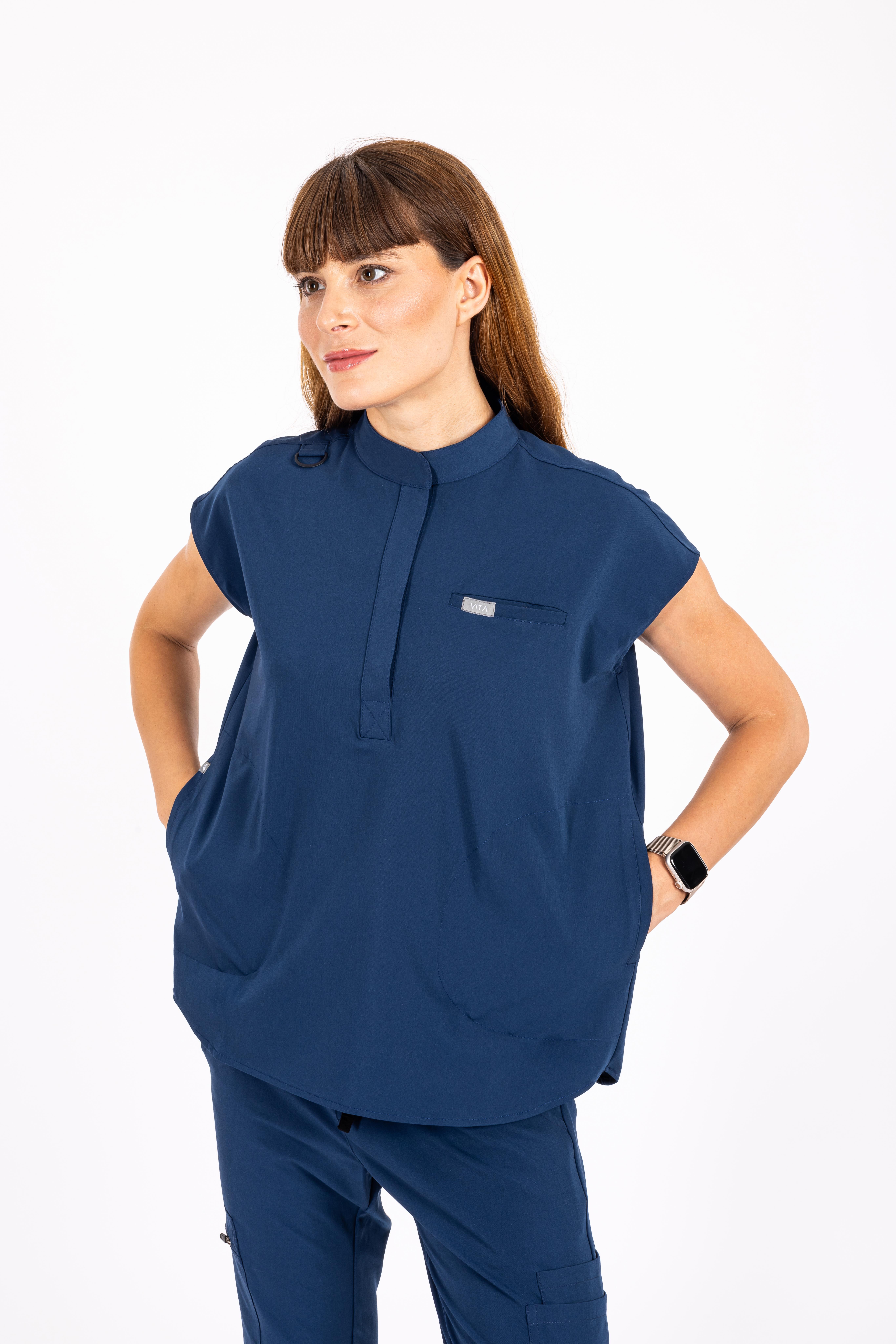 Elegante VITA Saks Mavisi Üst Kadın Scrubs Cerrahi Forma - Medikal Giyim Uniform