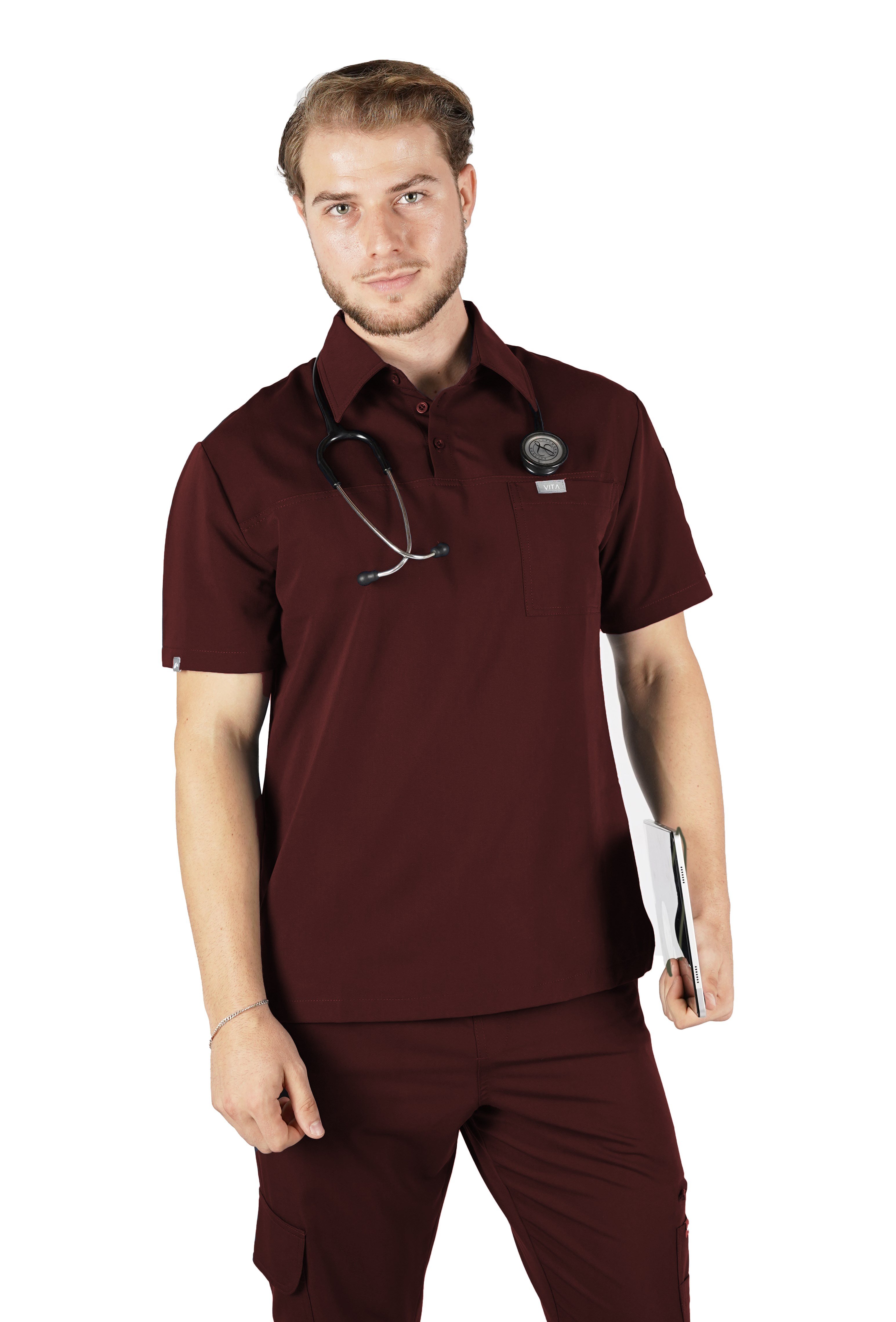 Gusto VITA Bordo Üst Erkek Scrubs Cerrahi Forma - Medikal Giyim Uniform