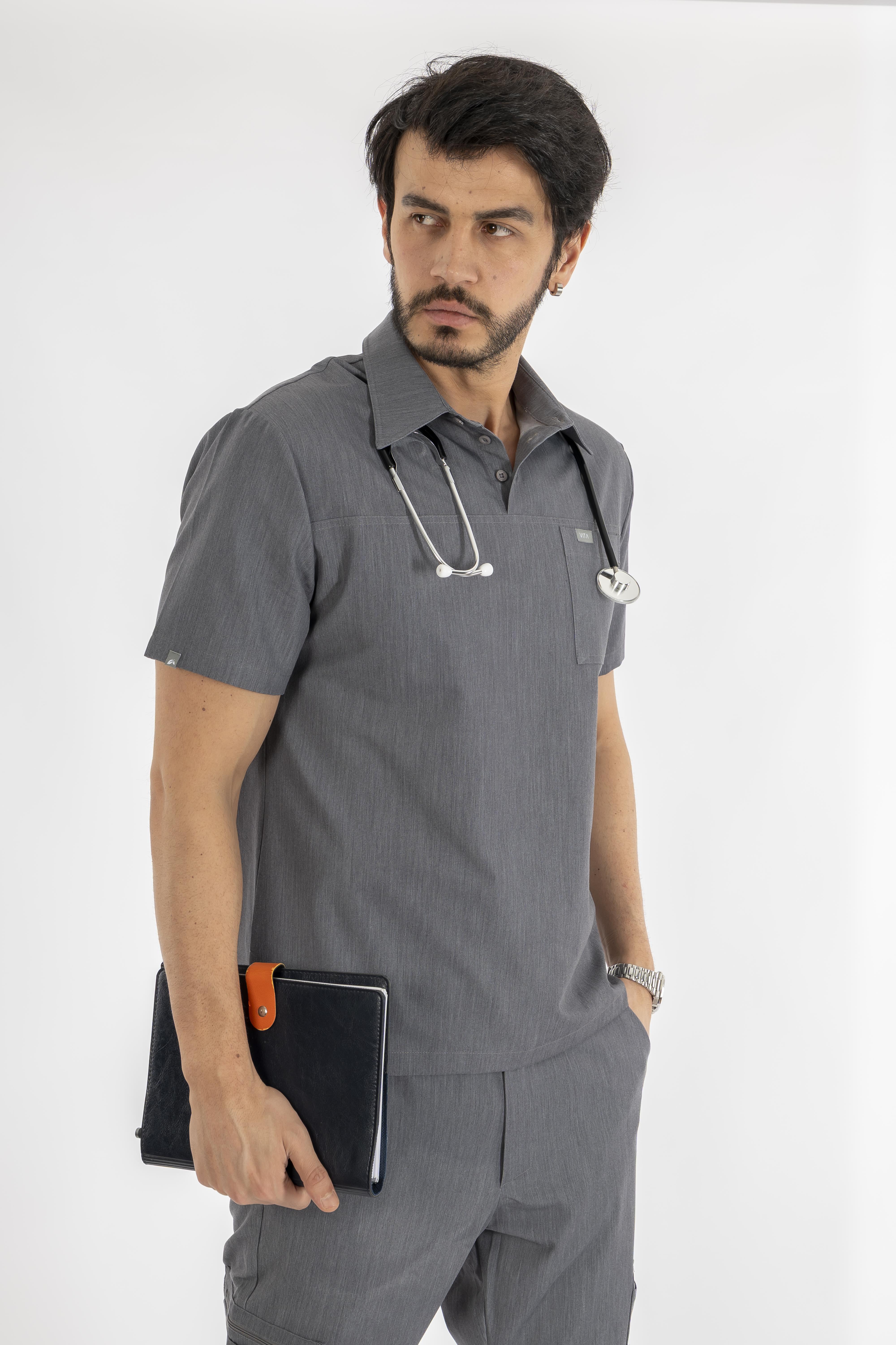 Gusto Vita Gri Melanj Üst Erkek Scrubs Cerrahi Forma - Medikal Giyim Uniform