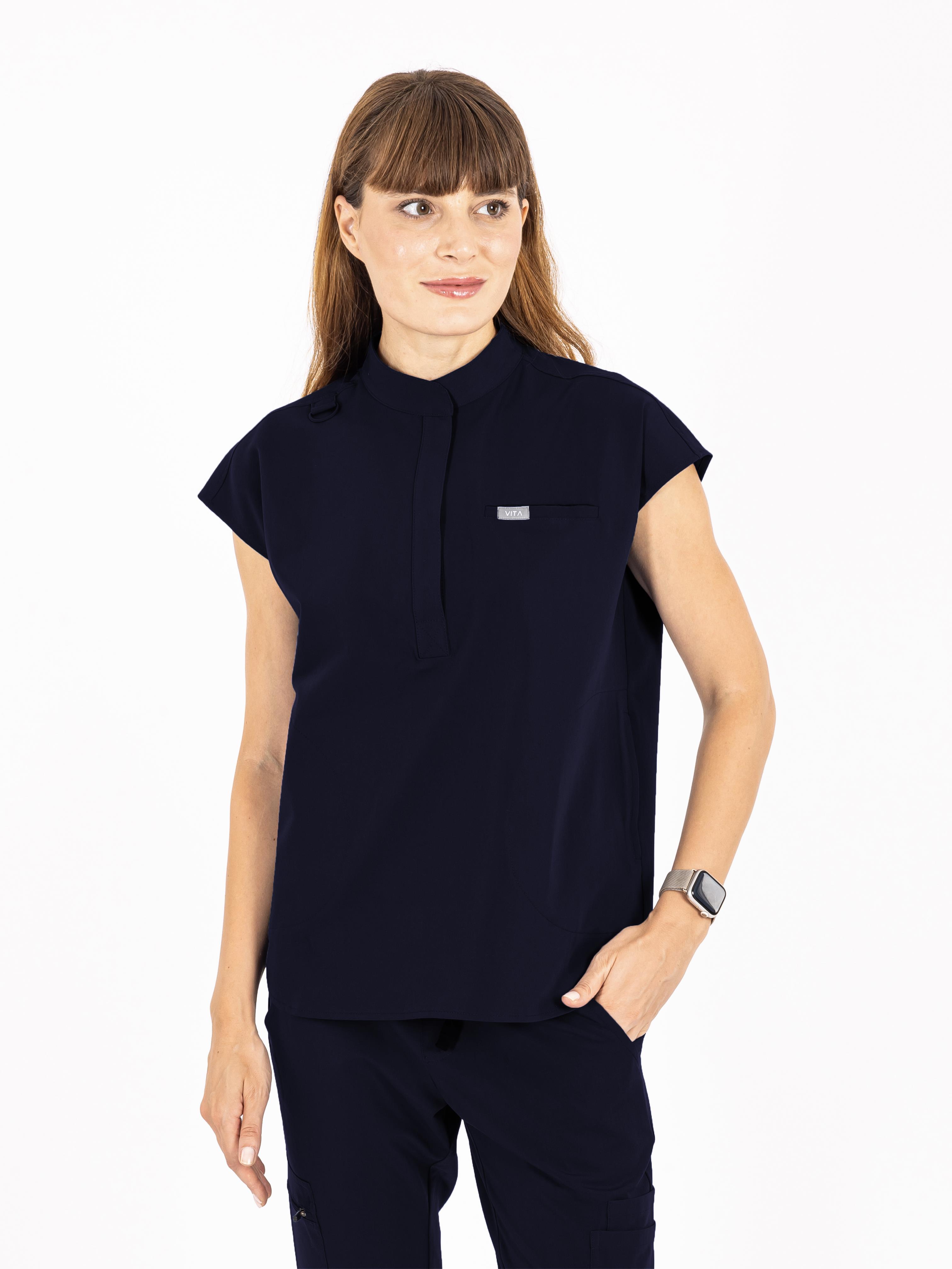 Elegante Vita Koyu Lacivert Üst Kadın Scrubs Cerrahi Forma - Medikal Giyim Uniform