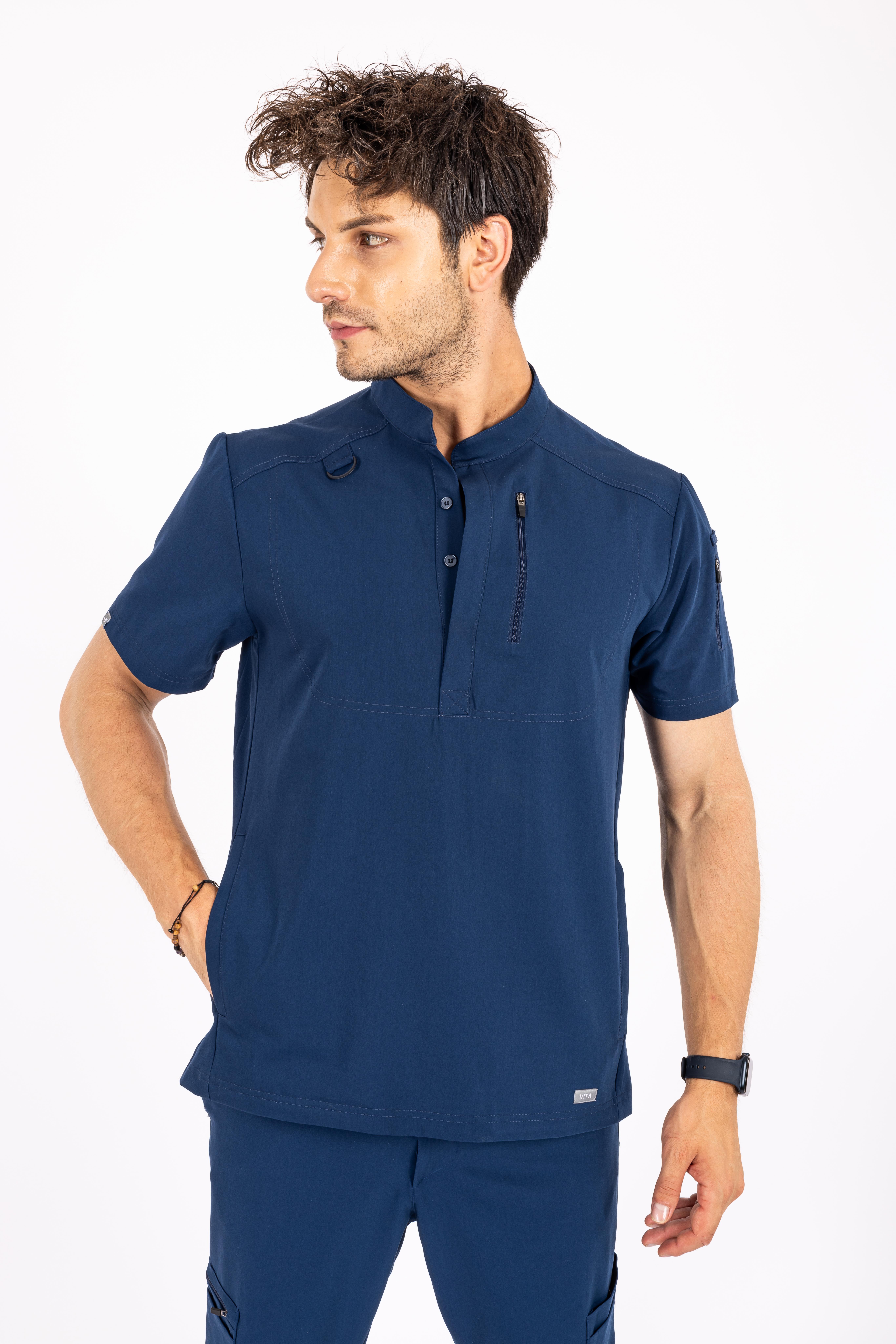 Freddo Vita Saks Mavisi Melanj Erkek Scrubs Üst - Medikal Giyim Uniform