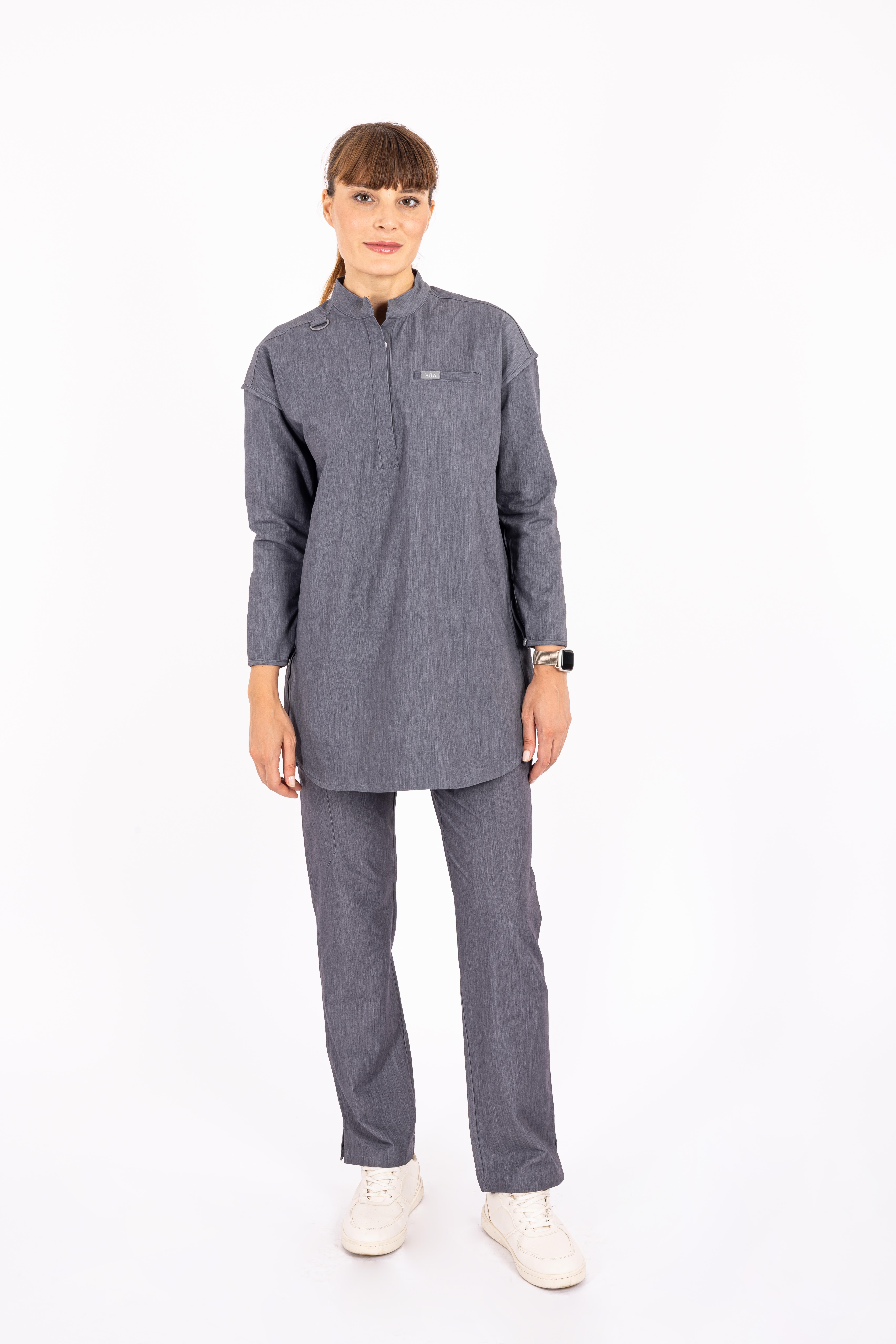 Lungo Hijab Vita Gri Kadın Scrubs Üst - Tesettür Forma Scrubs