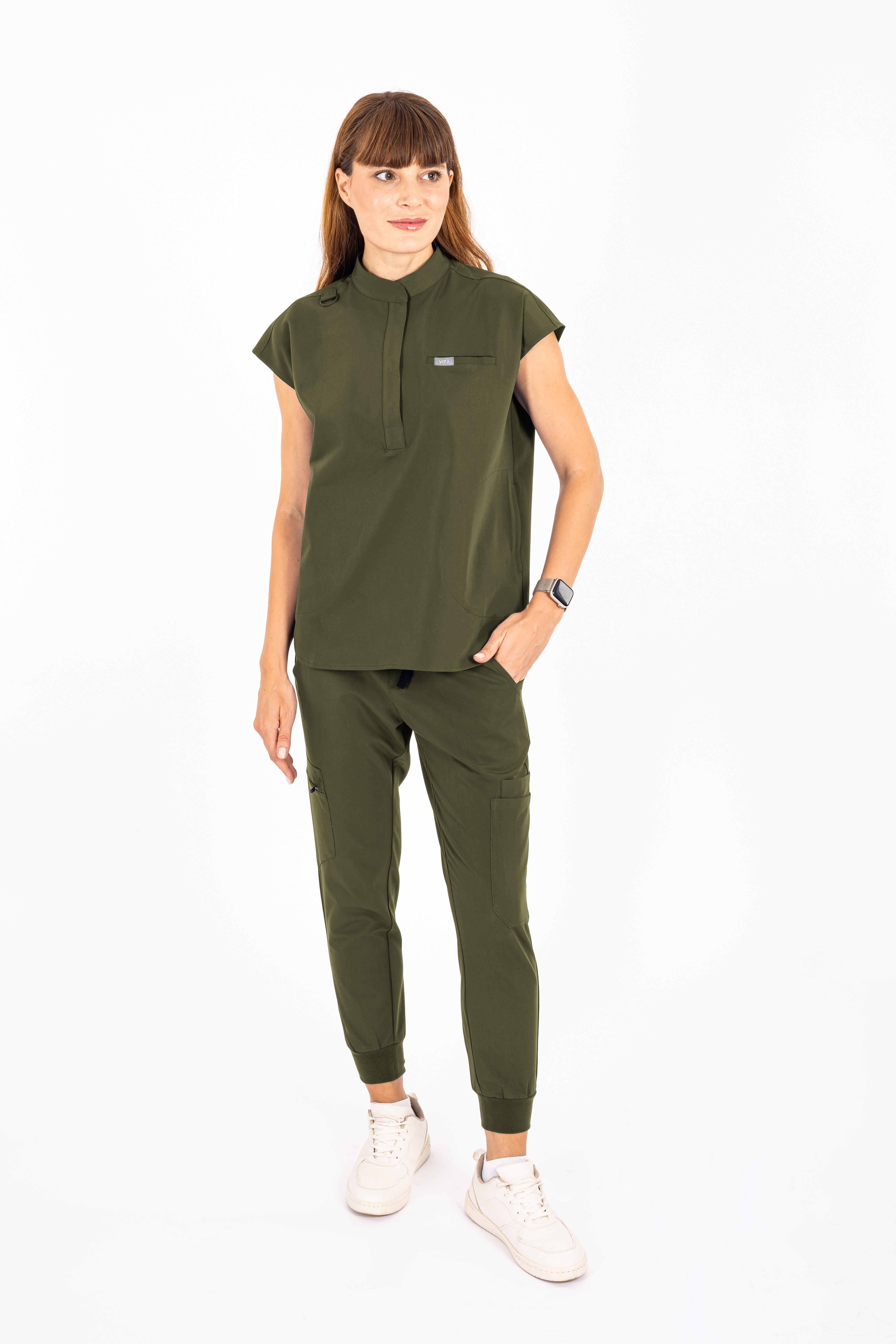 Elegante Vita Haki Üst Kadın Scrubs Cerrahi Forma - Medikal Giyim Uniform