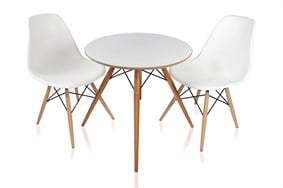 Yuvarlak Ahşap Ayaklı Ahşap Masa ve 2 adet Beyaz Eames Sandalye Takımı