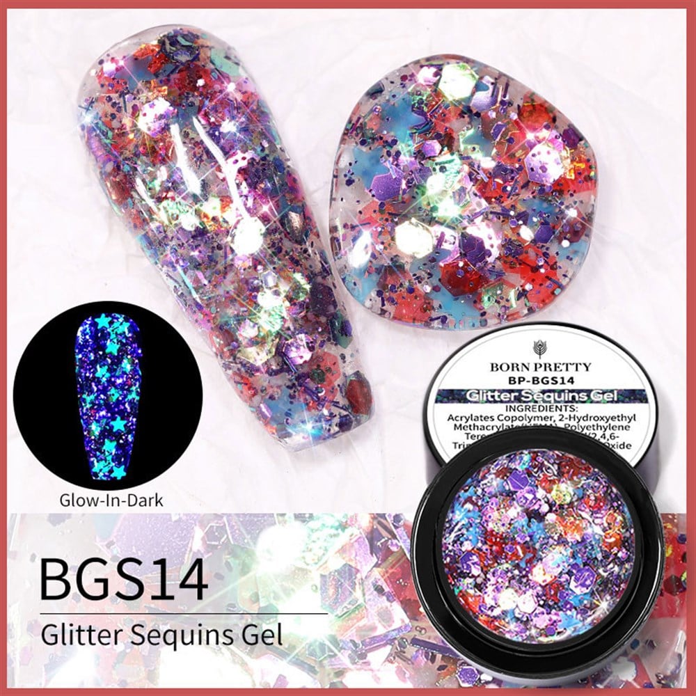 BORN PRETTY LUMINOUS GLITTER GEL (SİMLİ PULLU KARANLIKTA PARLAYAN UV JEL)  BGS14