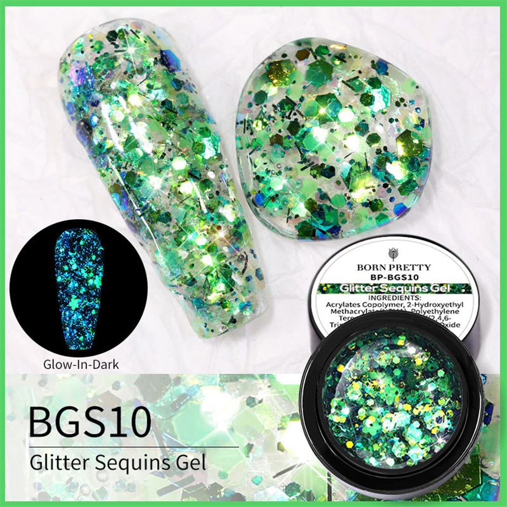 BORN PRETTY LUMINOUS GLITTER GEL (SİMLİ PULLU KARANLIKTA PARLAYAN UV JEL)  BGS10