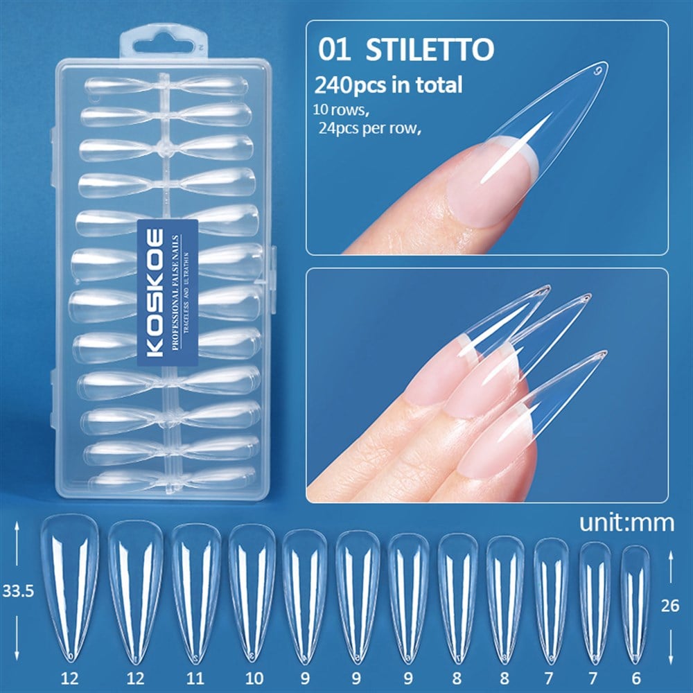 KOSKOE 240 PARÇA ŞEFFAF ULTRA İNCE DAYANIKLI TİPS STILETTO MODEL 01 