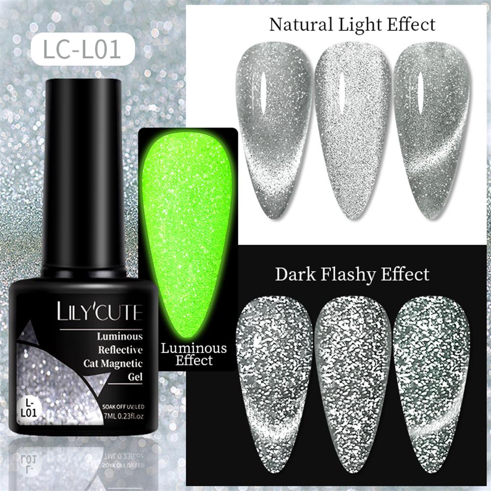 Lily'Cute 7ml Luminous Reflective Cat Magnetic Uv Nail Gel (Karanlıkta ve Flash Işığında Ekstra Parlayan Kedi Gözü Kalıcı Oje) LC-L01