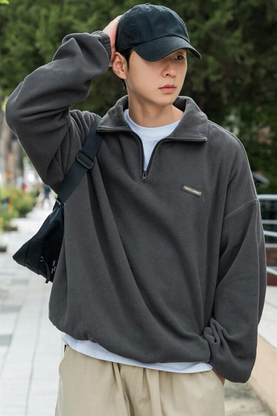 Antrasit Polo Yaka Polar Oversize Sweatshirt - www.northlondon.com.tr