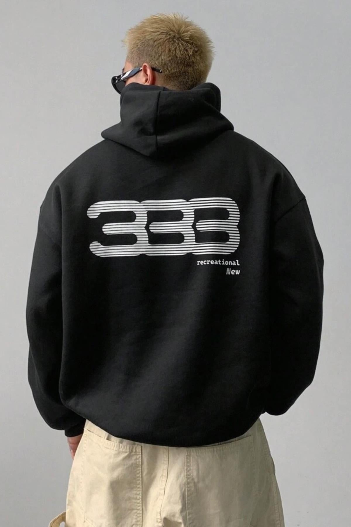 Erkek 333 Baskılı Kapüşonlu Siyah Oversize Sweatshirt  - www.northlondon.com.tr