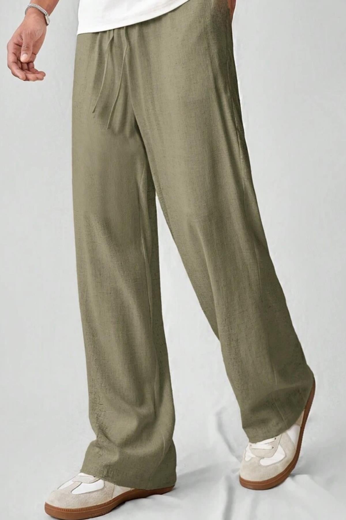 Erkek Keten Karışımlı Haki Bol Paça Pantolon - www.northlondon.com.tr