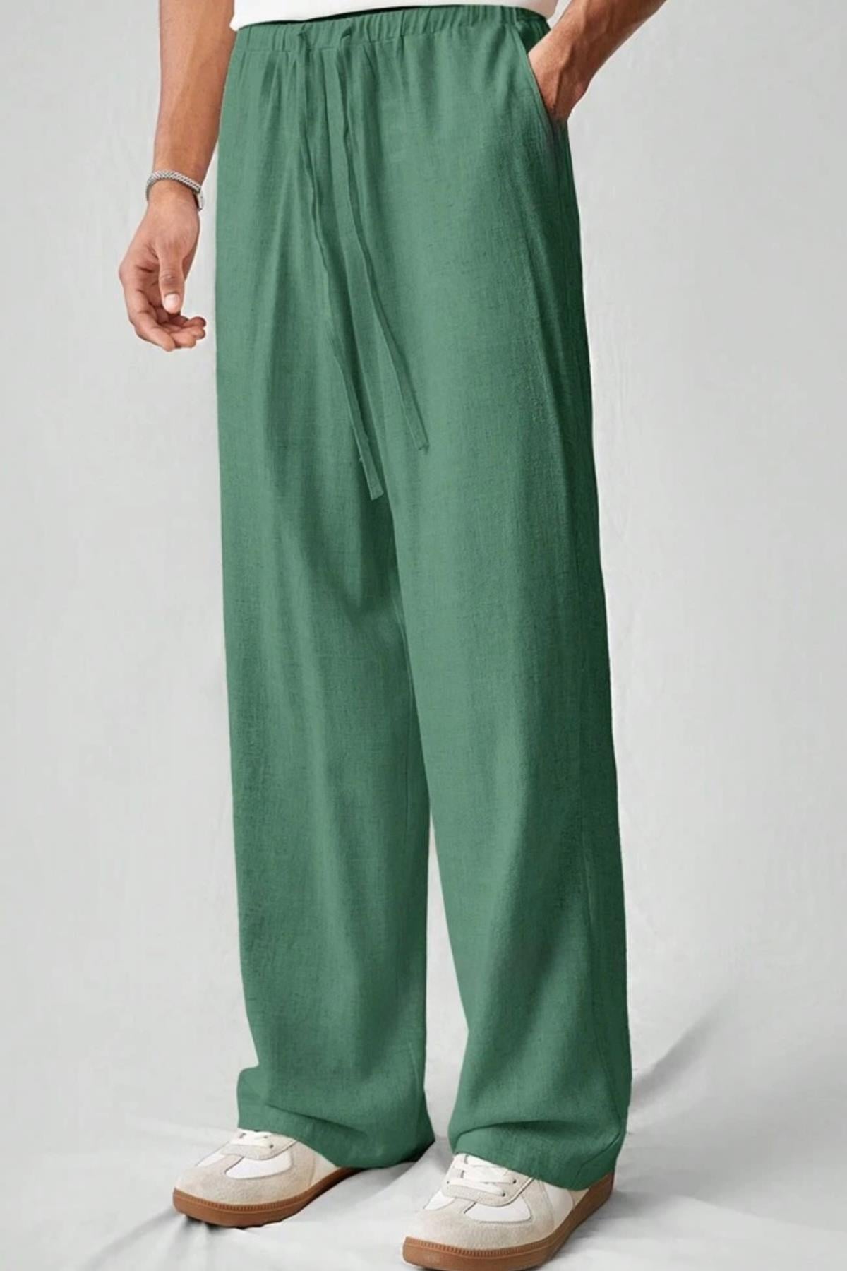 Erkek Keten Karışımlı Yeşil Bol Paça Pantolon - www.northlondon.com.tr